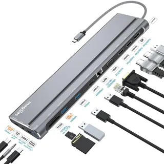 USB C Docking Station Triple Monitor, Laptop Dock Stations with Dual HDMI, VGA, DP, Ethernet, USB 3.2 Gen2 10Gbps Port,100W PD, SD/TF Port for HP Dell Lenovo Thunderbolt 3/4 USB C Laptops