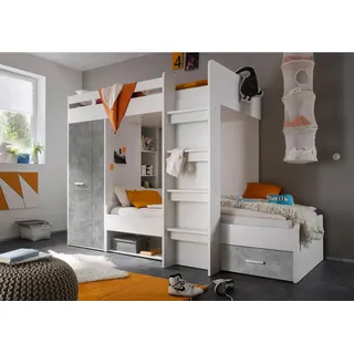 Begabino Hochbett 2 Liegeflächen mit Kleiderschrank und Regalen weiß/betonfarben