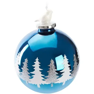 Brubaker Premium Weihnachtskugel Blau mit weißen Tannenbäumen und Vogel Figur aus Porzellan - 10 cm Baumkugel aus Glas - Weihnachtsbaumkugel Schneebedeckter Wald - Weihnachtsdeko