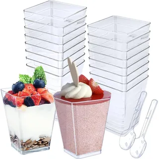 Cisolen 25 Stück Dessertgläser mit Löffeln Desserttasse 5oz/160ml Dessertbecher Wiederverwendbar Runde Dessertschalen Transparenten Desert Becher für Mousse Kuchen Eis Joghurt Pudding Dessert