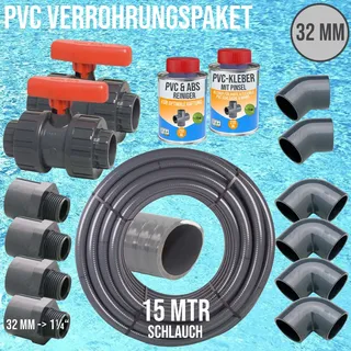 32 mm PVC Klebe Fittings Verrohrungspaket Pool Schwimmbad Schlauch FLEX (1 1/4)..."