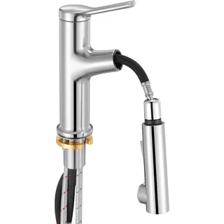 SucceBuy Waschtischarmatur aus gebürstetem Nickel und Edelstahl, Wasserhahn mit ausziehbarer Brause, wassersparend und Einhebelmischer für Badezi...