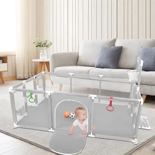 Großer tragbarer Kinderlaufstall mit Saugnapf, rutschfeste Basis, modular, faltbar, Laufgitter für Kleinkinder mit Reißverschlusstür, 50 Bälle, Basketballregal, mit 4 Saugnäpfen, 180 x 120 x 66 cm