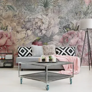 Muralo Selbstklebende FOTOTAPETE 300x210 TAPETE Wandtapeten Blumen Pfingstrosen Beton Vintage 3D Wohnzimmer Schlafzimmer Moderne Wandbilder XXL Wand Dekoration Abstrakt Br. 300 cm x Hö. 210 cm