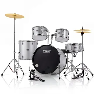 Vevor Schlagzeug, 5-teilig, Drum in voller Größe mit Bass-/Tom-Drums, Snare, Standtrommel, verstellbaren Thronständern, Becken, Hi-Hat-Pedal und Drumsticks, Anfänger-Schlagzeug, Silber