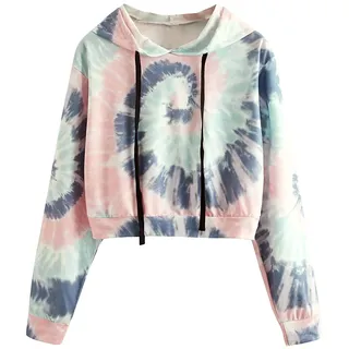 PAIDAXING Damen Hoodie Batik Cropped Kapuzenpullover Teenager Mädchen Kurz Sweatshirt Crop Top Pullover Kapuzensweatshirt Übergangs Sweatjacke mit Kordelzug - XS