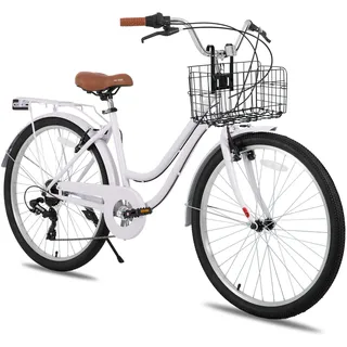 HILAND 26 Zoll Beach Cruiser Bike für Männer und Frauen, Step-Through Rahmen Cityräder für Erwachsene mit Gepäckträger und Korb, Herren und Damen 7 Gang Pendler Stadtfahrrad, Lila