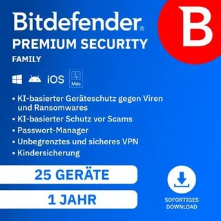 BitDefender Premium Security Family 2026 ESD 25 Geräte 1 Jahr DE Win Android iOS