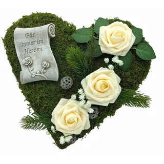 Gestecke Grabaufleger Moosherz 30 cm Für immer im Herzen, cremefarbene Rosen, Radami