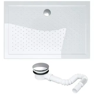 doporro Duschwanne Lucia04 75x90x4 flach inkl. Ablaufgarnitur aus Acryl Weiß mit Anti-Rutsch Profil und DIN-Anschlüssen auch für bodenebene