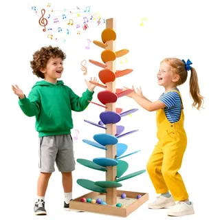 WRQIOO Murmelbahn Holz, Klangbaum, Kugelbahn Holz Baby, Klangturm, Klang Murmelbahn Regenbogen, Murmelturm Ho-lz Montessori mit 10 Kugeln, für ab 3 Jahr