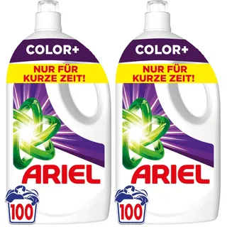 Ariel Flüssigwaschmittel, 100 Waschladungen Color+ Waschmittel, Kraftvolle Fleckenentfernung in nur 1 Waschgang, selbst bei Kaltwaschzyklen (Packung mit 2)