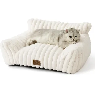 COZY KISS Orthopädisches Hundebett - 65x44x30cm Cord-Kunstfell Großes Katzenbett-Sofa für Katzen & Kleine Hunde, Waschbar Katzen Katzensofa, Kuscheliges Katzencouch mit Kopf- und Nackenstütze, Creme
