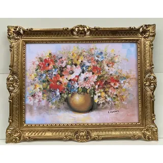 Gemälde Blumenbild stillleben 90x70 Blumen in Vase Gold Rosen Bild Barock Rahmen