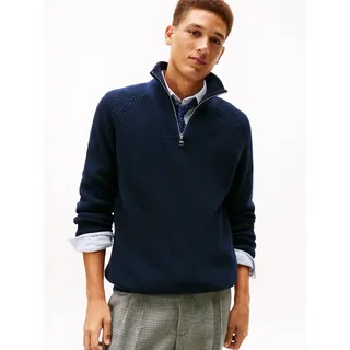 Troyer TOMMY HILFIGER "FISHERMAN RIB ZIP MOCK", Herren, Gr. S, schwarz night navy, Strick, Obermaterial: 45% Polyamid, 30% Baumwolle, 25% Wolle, relaxed fit normal, Rippstrickbündchen, Pullover Troyer, relaxed fit, Stehkragen mit Reißverschluss