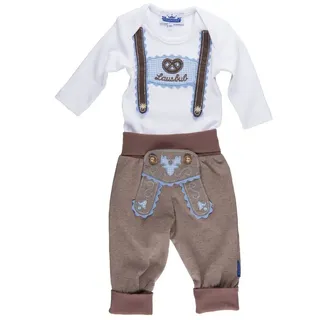 Body & Hose Trachten Set für Lausbuben im Geschenkkarton (2-tlg) Baby Body mit langem Arm und appliziertem Hosenträger und Baby Jogginghose im Lederhosen Look 80