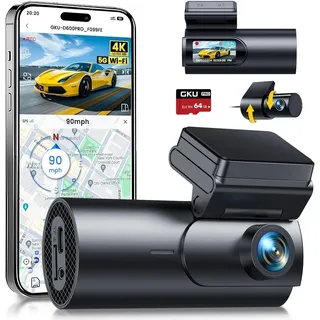 GKU 4K Dashcam Auto Vorne Hinten, 5GHz WiFi GPS, Dual Dash Cam, 1.5” IPS Mini Auto Kamera mit 64GB SD Karte, Parküberwachung, Super Nachtsicht, WDR, 170° Weitwinkel, G-Sensor, APP Steuerung, Max 256GB