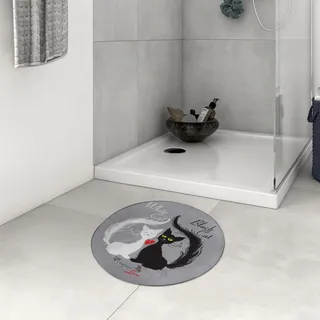 Badezimmerteppich rutschfest Katze Verliebtes Katzenpaar,das Fisch gegessen hat Rotes Herz Romantische Sch Waschbar teppich rund Weich Flauschig Badteppich Weich Kurzflor Mikrofaser Badvorleger 60 cm