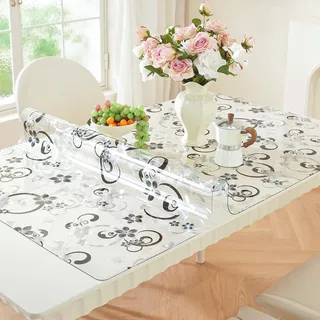 Tischfolie Transparent mit Blumenmuster 90 x 160 cm, 2mm Transparente Tischdecke Tischschutz, PVC Glasklar Folie Tisch Schutzfolie, Wasserdicht Schutztischdecke, Tisch Schutzfolie