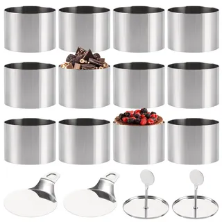APACALI 12 Stück Dessertringe und Speiseringe, 8cm Edelstahl Dessertringe Rund mit Drücker, Tortenringe Kleine Backring, Runde Speiseringe Kuchenring, Dessertringe für DIY Desserts Kuchen