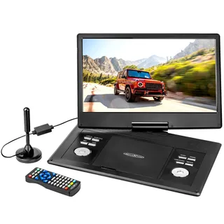 REFLEXION DVD1424 portabler/tragbarer DVD-Player 14 Zoll (36 cm) LCD-Monitor mit DVB-T2 HD Tuner, integrierter Akku, inklusive Gamepad, Game-Disk und 12V-Auto-Adapter