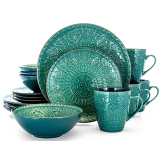 Elama Rundes Geschirr-Set aus Steingut, geprägt, 16-teilig, Ozeanblaugrün und grün