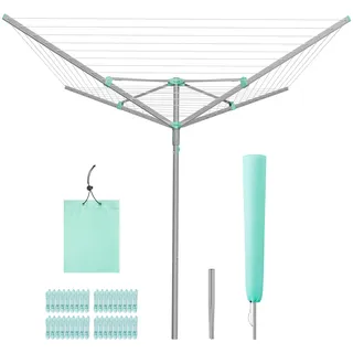 SONGMICS Wäschespinne, Wäscheständer, drehbar, klappbar, draußen, Garten, mit Wäscheklammern, Schutzhülle, silbern, 60 m Wäscheleine, für 6 Waschladungen LLR308EZ01