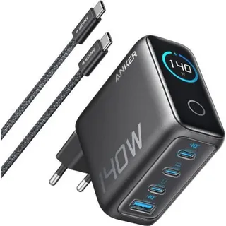 Anker Ladegerät (140W, 4-Port, PD 3.1) mit USB-C Kabel Schwarz - Schwarz