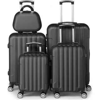 FCH Kofferset 5 teilig mit Kosmetikkoffer, Koffer Set Hartschalen-Trolley aus ABS, Schwarz - Schwarz