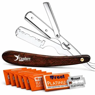 Candure Rasiermesser Herren mit Wechselklinge Edelstahl Extra Scharfe Profi Rasiermesser Klingen für Präzisen Formen und Schneiden Bart - Barber Friseur Messer mit Holzgriff & 10 Rasierklingen 13cm