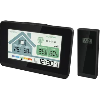 Miraval Funk-Wetterstation: Thermometer innen/außen, Hygrometer, Schimmelwarner, Lüftungsempfehlung, Uhrzeit, Datum, Snooze, Alarmfunktion 2 Alarme, Außensensor 100m Reichweite, LCD, inkl. Batterien