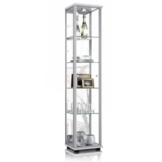 K-Möbel Glasvitrine Silber Glas, 4 höhenverstellbaren Glasböden, Spiegel LED - Standvitrine - Vitrinenschrank Silber