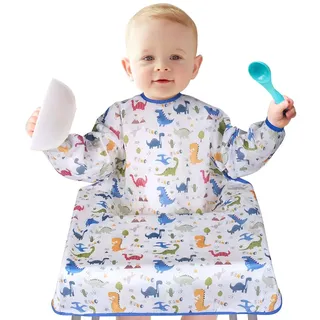Vicloon Lätzchen mit Ärmeln Baby Ärmellätzchen Befestigt Sich an Ihrem Hochstuhl, Baby Lätzchen mit Ärmeln Wasserdicht für Jungen Mädchen Kleinkind Fütterung Lätzchen Schürze-Dinosaurier