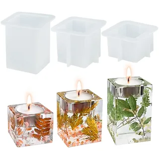 3 Stück Silikonform Kerzenhalter Gießform Teelichthalter Form Silikon Teelicht Kerzenständer Gießform für Beton Kerzen Gießen Epoxidharz Kerzenhalter Teelicht Form Quadrat Kerzenständer Kerzenglas
