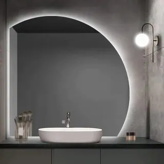 Halbrunder Rahmenloser LED-Badspiegel, Beleuchteter, Wandmontierter Kosmetikspiegel Mit LED-Leuchten, Dekorativer Spiegel, Halbmondförmiger LED-Wandspiegel, 3-farbiges Licht(Left Cut,80cm/31.5in)