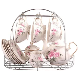 ufengke-ts 15 Stück Europäischen Stil Bone China Service Kaffee Set Mit Metall Ständer, Rosa Rose Druck Vintage Floral Teeservice, Für Hochzeit Und Haushalt