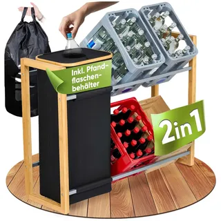 Forganizers 2in1 Getränkekistenregal Bambus inkl. Pfandflaschen Sammelbehälter – herausnehmbare Tasche mit Kordelzug – Leergut Organizer für Kisten & PET Flasche im Haushalt, Küche Keller Garage