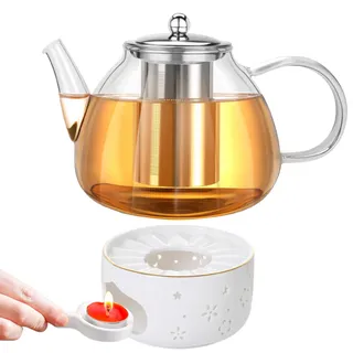 1.6L Teekanne mit Stövchen, Teekanne mit Siebeinsatz, Teekanne Glas Borosilikatglas mit Keramik Teekanne Wärmer, Borosilikatglas Glaskanne für Home Cafe Teemilch