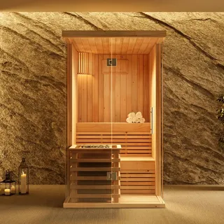 FinnTherm Innensauna Milla, Sauna mit Glasfront für 2 Personen, Innenmaße: B 105 x T 142 x H 191 cm, Hochwertige Saunaliegen, Vorgefertigte Elemente - Naturbelassen