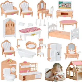Hperu Puppenhaus-Möbel, 4 Sets, realistisches Miniatur-Puppenhaus-Zubehör-Set für Kinder, Schlafzimmer, Badezimmer, DIY, Rollenspiel, Zubehör
