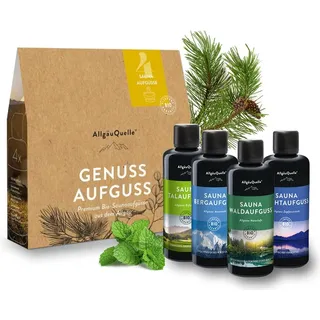 AllgäuQuelle Naturprodukte Saunaaufguss Genuss Saunaduft Set Lemongrass, Orange, Bergamotte, Eukalyptus, Zirbe, Kiefer,Salbei,Minze