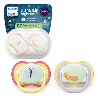 Philips Avent ultra air Schnuller Nacht 0–6m 2er-Pack, Gelb/Lila