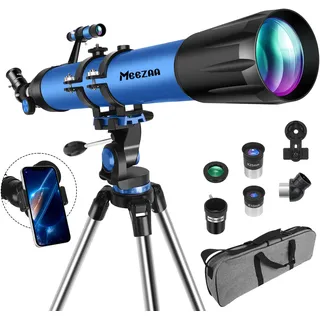 MEEZAA Teleskop, Teleskop Astronomie Profi für Erwachsene, 90mm Blende 800mm AZ Mount Astronomisches Refraktor Teleskope für Kinder Anfänger mit Stativ, Telefon Adapter, Tragetasche und Mondfilter