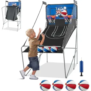 COSTWAY 8 in 1 Basketballautomat, elektrischer Baskeltballständer, Schießmaschine mit 4 Bällen, 8 Spielmodi, Luftpumpe für 2 Spieler, Basketbal... - Blau