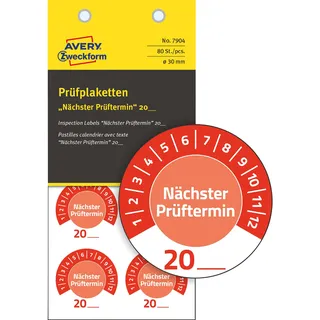 Avery Zweckform Zweckform 80 Stück Prüfplaketten Nächster Prüftermin 20xx (mit Jahreszahl zum selber eintragen, widerstandsfähig, selbstklebend, Ø 30 mm, Prüfaufkleber, Prüfsiegel aus Vinyl) 7904 rot