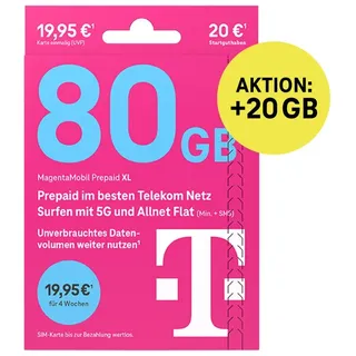 Telekom MagentaMobil Prepaid XL Simkarte mit 20 € Startguthaben Prepaidkarte, (EU-Roaming inkl. CH/GB, 20 € Startguthaben)