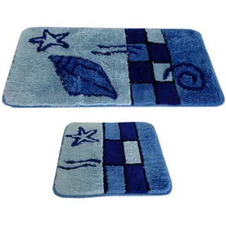 GOODWAY 2-teiliges Badematten Set, Badteppich, Badvorleger Hamburg blau │ Super weich, rutschfest, für Fußbodenheizung geeignet