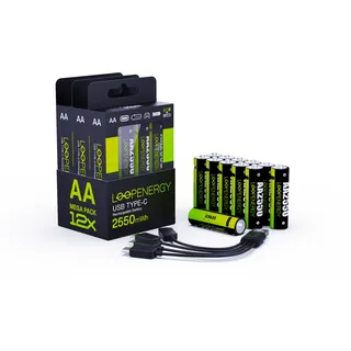 Verico LoopEnergy 12-Pack AA - Wiederaufladbare USB-C Batterie AA 1,5V 2550mWh 1700mAh Li-Ion, USB-C , 12er Pack AA, 3 Stück Kabel USB-A auf 4 x US