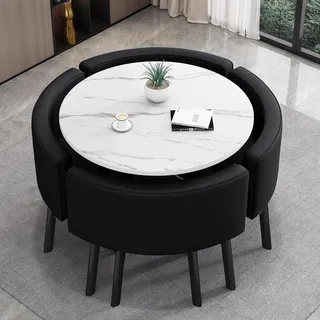 VTELGT Esstisch und 4 Stuhlset, 90cm Runder Esstisch und 4 Kunstleder Esszimmerstühle,platzsparendes für Küche, Wohnzimmer, Balkon, Restaurant, Büro,Holzt + hellgraus (Weißt + schwarzs)