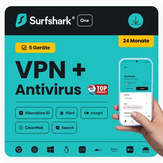 Surfshark ONE VPN + Antivirus | 2 Jahre | 5 Geräte - beliebig viele Geräte für VPN, 5 Geräte für Antivirus
